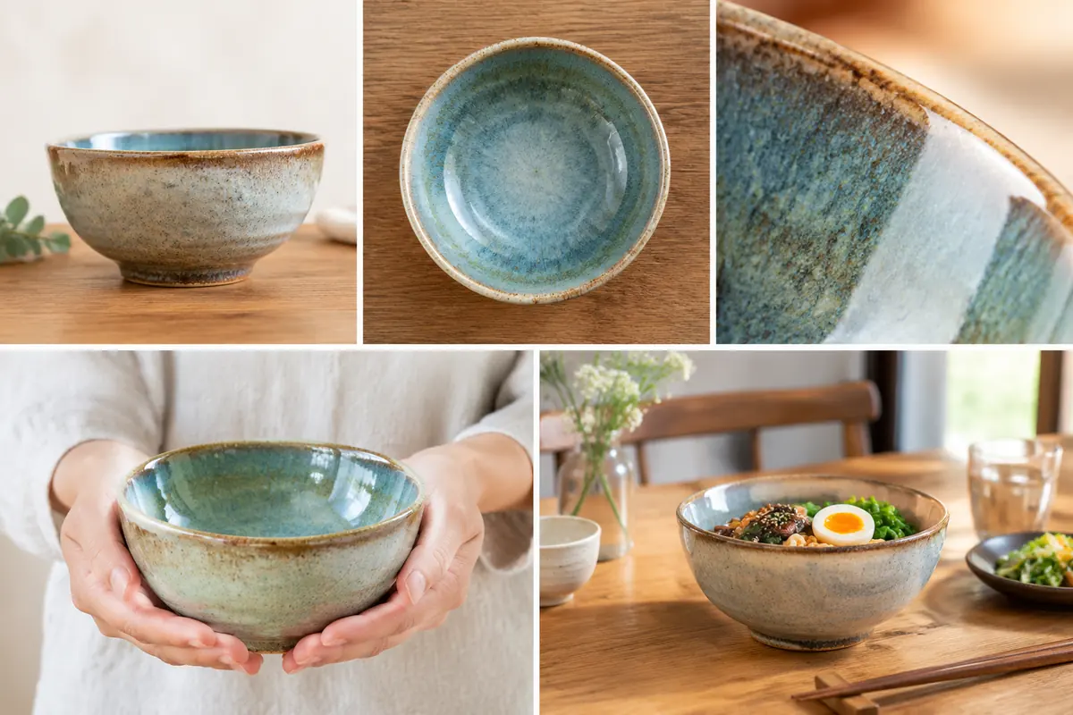 五张手作陶碗照片：正面、俯视、釉色细节、双手捧碗和盛着食物的餐桌场景