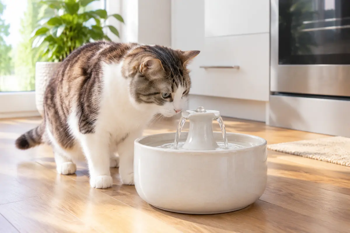 一只猫在厨房地板上嗅闻陶瓷饮水机,柔和的自然光